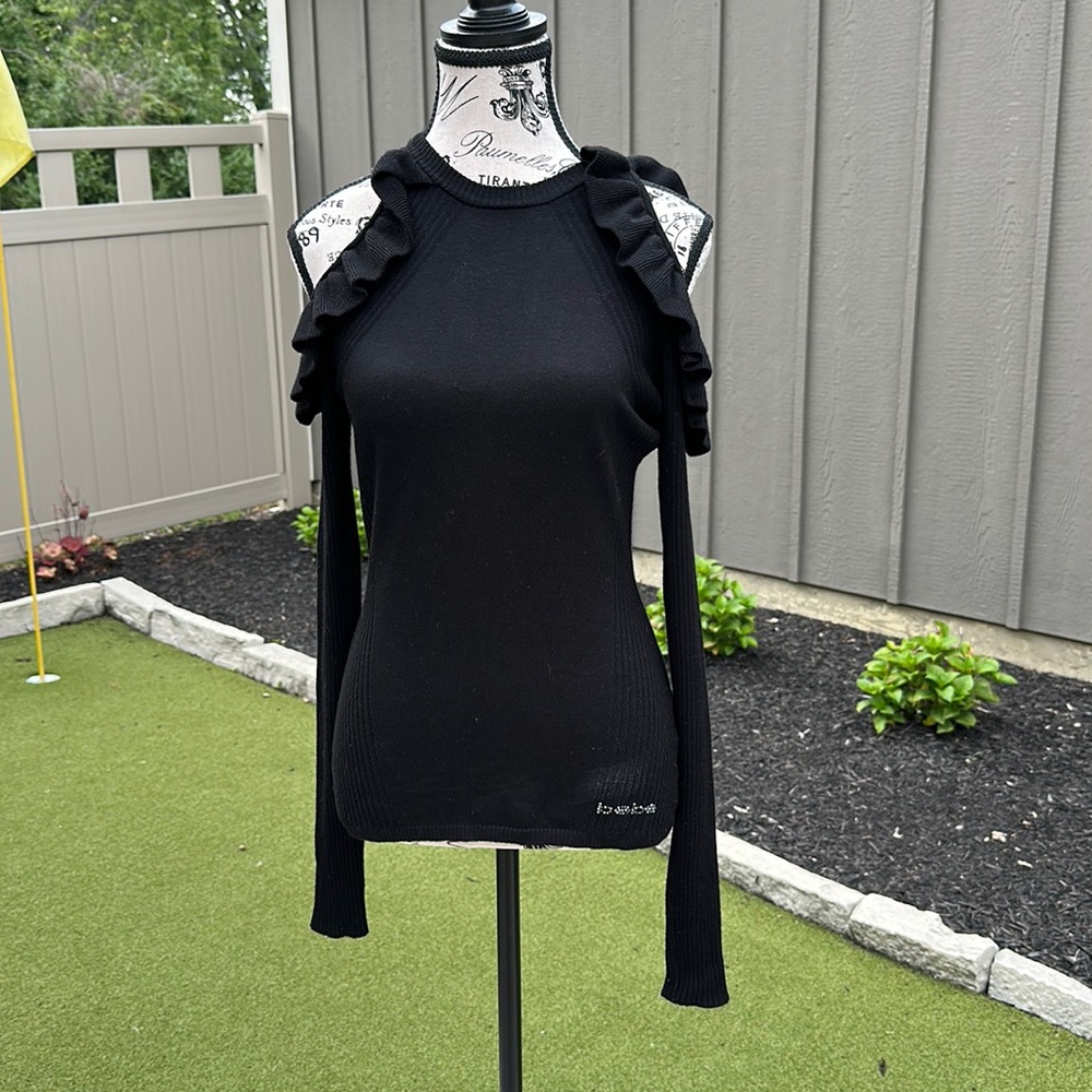 Black Bebe Ruffled Cold Shoulder Sweater Size Small